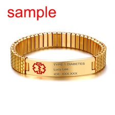 Spring Women Men Medical Alert ID Stretch Bracelet 18K Gold Plate Free Engraving
