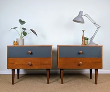 Pair of Vintage Mid Century Teak & Grey Bedside Table Cabinets Chest of Drawers