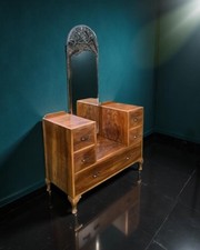 Antique Art Deco Walnut Dressing Table Drawers Mirror