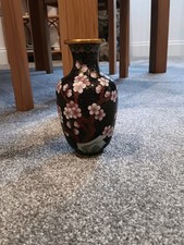 Pretty Japanese Cloisonne Vase With Blossom Flower, Hibiscus And Humming Bird.