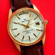 Waltham Day Date President Watch Fluted Bezel Vintage Quartz 6M55 Mens