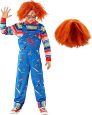 Kids Chucky Costume + Wig Boys Horror Doll Killer Halloween Fancy Dress 7-14 yrs