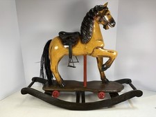 Antique Carved Wood Rocking Horse Hand Painted W/ Hair Tail , Leather Saddle
