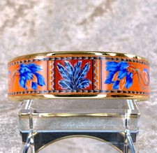 Vintage Hermes Bangle Bracelet Orange Enamel Brazil Feather Gold Rim Size 70