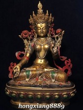 12.2" Old Tibetan Bronze Painting Gild 7 eyes White Tara Kwan-yin Buddha Statue