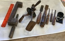 TOOLS job lot woodwork vintage antique . Clamp, drill, chisels, micrometer