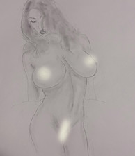 Veronika Zemanova Drawing Hand 'Embellished Print' from Cont'e Drawing 4x6 pinup