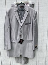 Pallini Silver Pinstriped 3 Piece Suit Coat, Vest, Pants Made In Italy 48L 43W