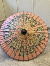 Vintage Paper Bamboo Wood Japanese Parasol Wagasa with flowers and Butterflies