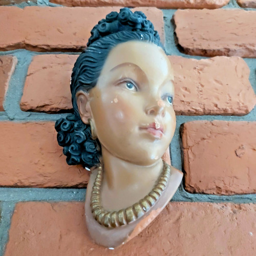 Vintage chalkware female face - female,