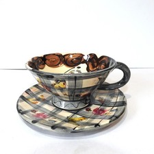 KAREN ATHERLEY, LARGE BREAKFAST CUP & SAUCER, LADIES FACE, STUDIO ART POTTERY