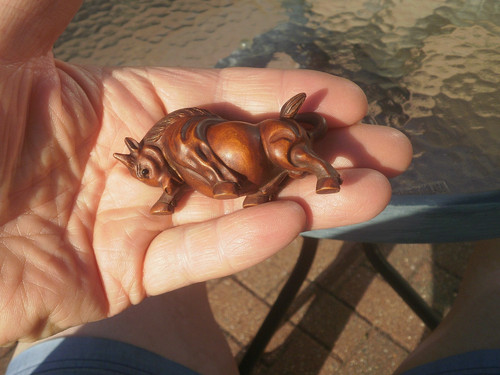 Hand carved wood netsuke bull