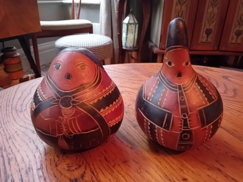 Vintage peruvian carved gourds - vintage,