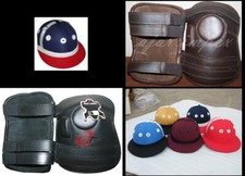 3 Strap Polo Ridding Knee Guards & Helmet and Padded 100% Real Leather Guards