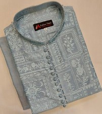 Handmade Premium Men Kurta Pajama - Light Blue - Masuri Sequence Work - UK Stock