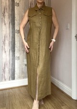 Vintage Jaeger Linen Flax Utility Safari Midi Shirt Dress  Khaki Gold