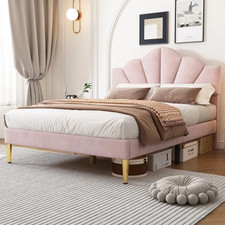 Velvet Upholstered Bed,Double Bed 4ft6 135x190cm, Shell-like Bed With Golden Iro