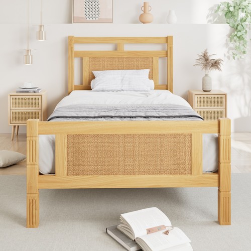 Wooden bed frame with rattan - bed,