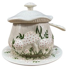 Vtg Handmade Ceramic Arnel’s Mushroom Soup Tureen with Lid Ladle Plate