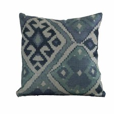 Linen Printed Kilim Ikat Cushion. Double Sided. 17x17". Indigo Denim Blue.
