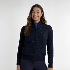 Green Lamb Ladies Full-Zip Lined Cashmere Blend Cardigan in Navy Blue Polka Dot