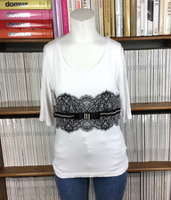 Luisa Spagnoli Ladies 10 12 Top Blouse T-Shirt Lace Pearly Bow Embellished