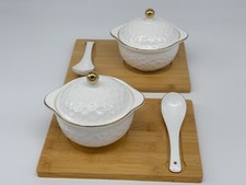 2 Set of Luxury Royal Bone China Soup Stew bowl with lid, spoon and Bamboo Base