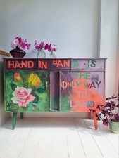 PAINTED Sideboard Colourful Cabinet Cupboard Decoupage Floral Purple Orange Cure