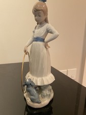 LLADRO NAO GIRL WITH DOG AND HOOP 9 1/2 inches tall