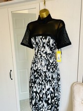 Karen Millen Black Grey Leopard Print Satin Sheer  Pencil Cocktail Dress UK 14
