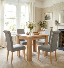 Dining Table Set, Oak Flip Top Extending Table with 4 Grey Roll Top Chairs