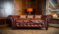 TETRAD ELLIOT ANTIQUE CHESTNUT LEATHER CHESTERFIELD 3 SEATER SOFA TWO of a PAIR