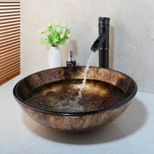 Bathroom Tempered Glass Vessel Sink Round Bowl Waterfall Spout Mixer Faucet Tap
