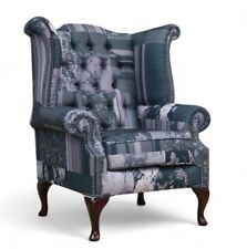 Chesterfield Queen Anne High Back Wing Chair Linen Fabric Charles Patchwork Grey