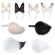 Faux Furs Bunnies Ear Headband Tail Animal Bunnies Costume for Halloween Cosplay