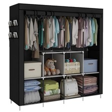 LARGE FABRIC CANVAS WARDROBE WITH HANGING RAIL SHELVING CLOTHES STORAGE CUPBOARD
