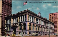 Chicago IL-Illinois, Public Library, Period Bus & Cars, c1948 Vintage Postcard