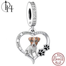 Jack Russell Terrier Dog Charm 925 Sterling Silver Heart Paw Bracelet Dangle