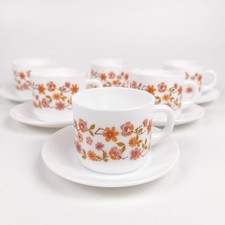 Vintage Arcopal France Floral Tea Cups & Saucers Set of 6 - Retro 70s Autumnal