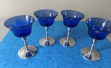 ART DECO DEEP BLUE CHROME SCREW ON STEMS COCKTAIL GLASSES X 4