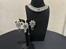 Indian Women Silver Colour Necklace Set With Earrings And Tikka Set