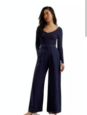 TED BAKER Jumpsuit Womens TB 2 UK 10 Blue Knit Bodice Wide Leg Off Shoulder NEW