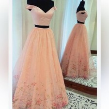Sherri Hill 2 Piece Formal Maxi Dress Gown Satin Tulle Garden Floral Peach Sz 2