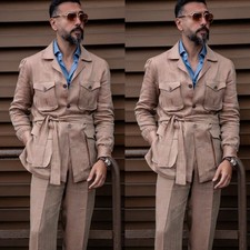 Solid Khaki Men Suits Summer Outdoor Wear 2Pcs Men's Safari Jackets with Belt
