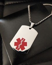 Mens Large Silver Steel Medical Alert SOS Talisman Necklace Gift, Your Info