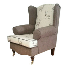 Queen Anne Wing Back Cottage Chair Stag Print & Brown Contrast Fabric Dark Legs