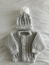 Baby Aran Cardigan Hat Set Hand Knitted Cream, 0-3 Months