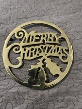 Vintage Solid Brass Merry Christmas Trivet Round Hot Plate or Holiday Wall Decor