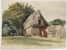 Antique Watercolour painting landscape study of a farm barn English School