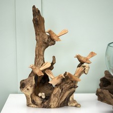 Teak Root 5 Little Nesting Birds Sculpture Wood Rustic Brown Doves Ornament Gift